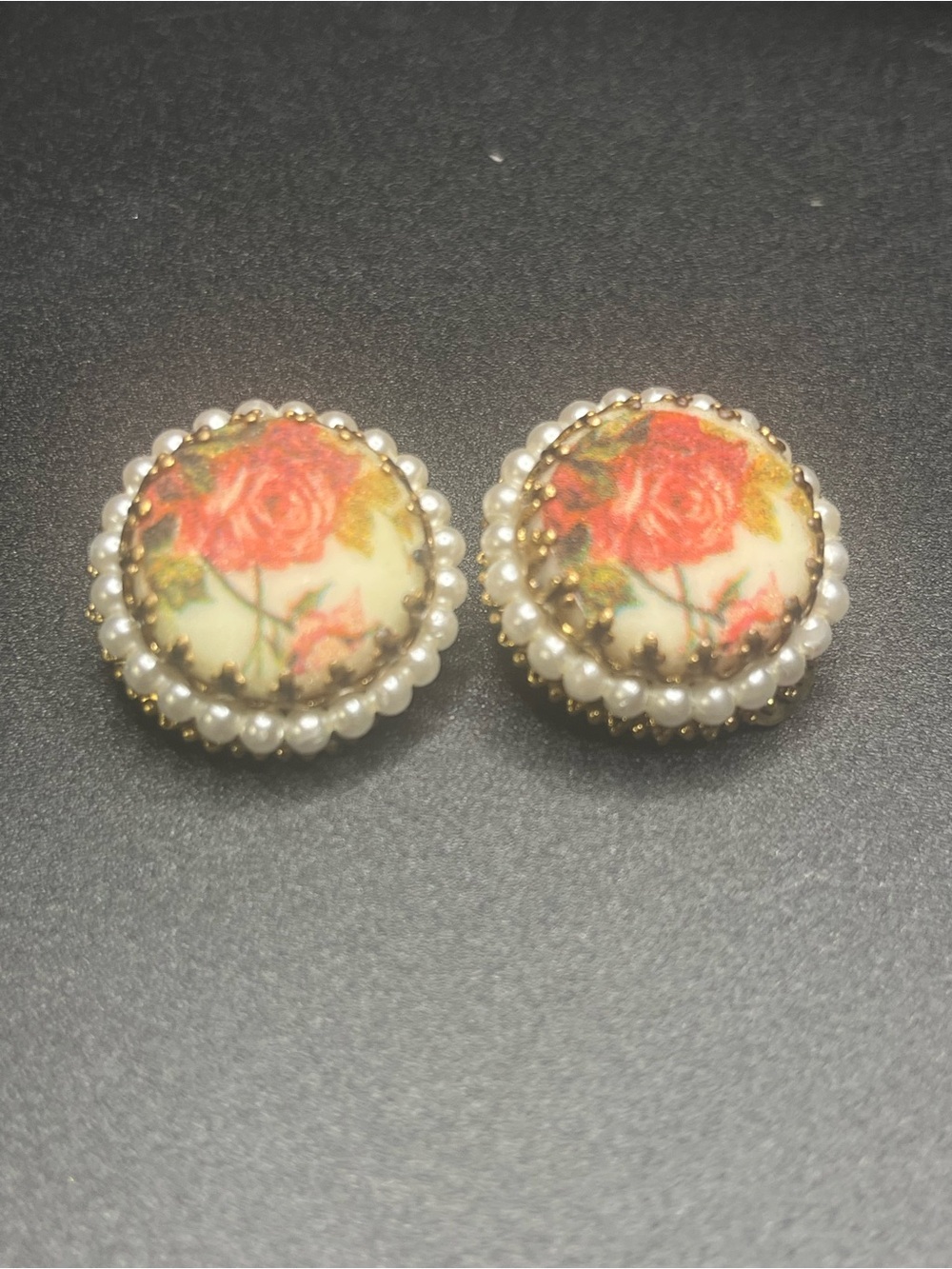 Vintage West Germany Rose Floral Faux Pearl Clip On Earrings - Picture 7 of 8